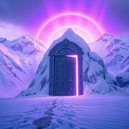 Majestic snow-covered mountains with a violet light glowing in the background, creating a magical atmosphere