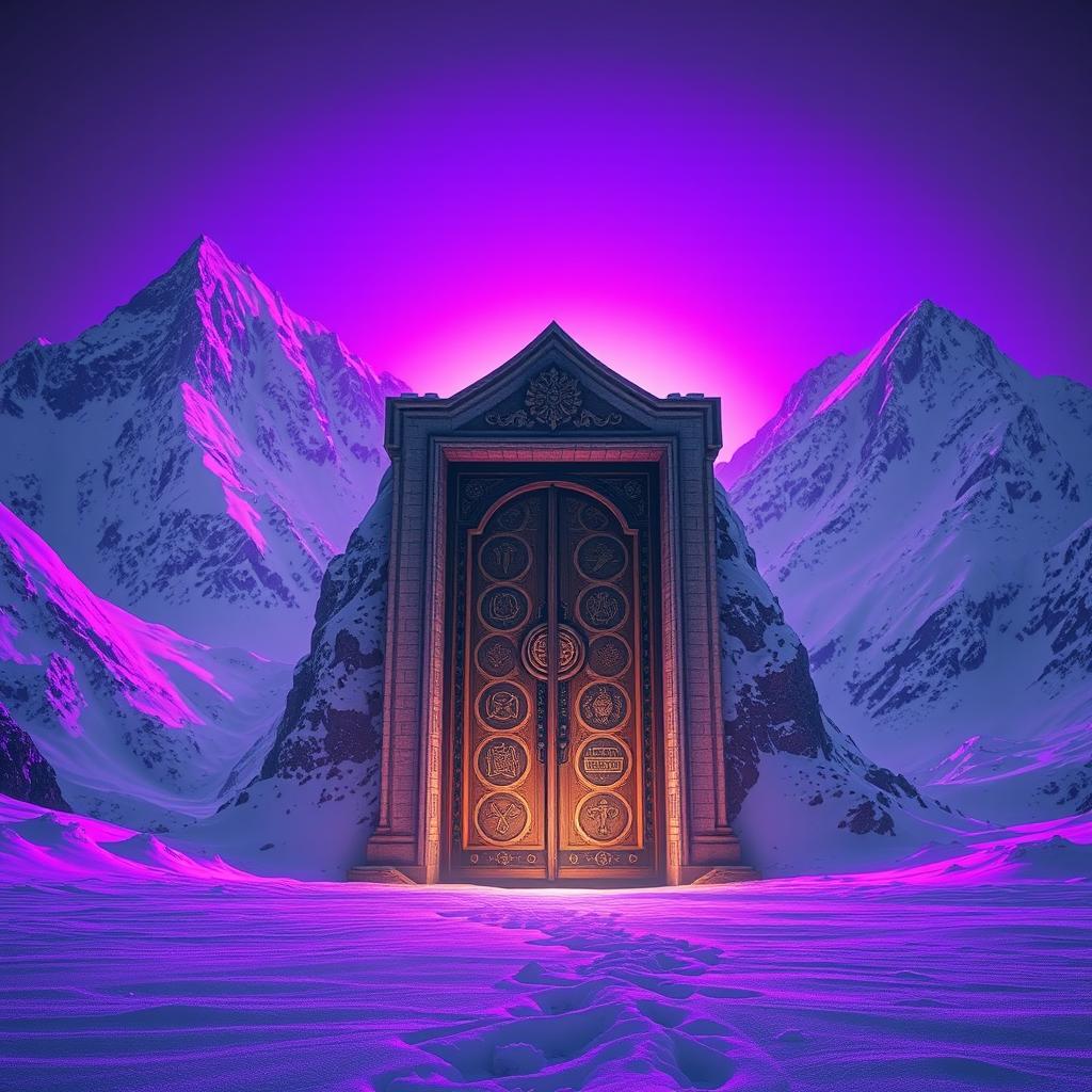 Majestic snow-covered mountains with a violet light glowing in the background, creating a magical atmosphere