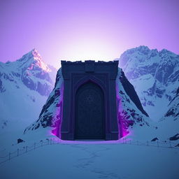 Majestic snow-covered mountains with a violet light glowing in the background, creating a magical atmosphere