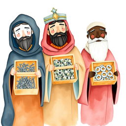 A simple watercolor illustration capturing the Three Wise Men, each holding a box with industrial supplies: screws, nuts, and washers