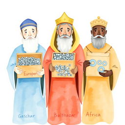 A simple watercolor illustration capturing the Three Wise Men, each holding a box with industrial supplies: screws, nuts, and washers