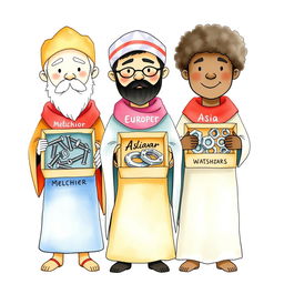 A simple watercolor illustration capturing the Three Wise Men, each holding a box with industrial supplies: screws, nuts, and washers