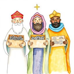 A simple watercolor illustration capturing the Three Wise Men, each holding a box with industrial supplies: screws, nuts, and washers