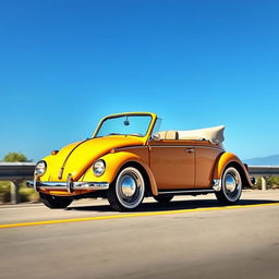 A classic Volkswagen Beetle transformed into a sleek roadster cabriolet, featuring an open-top design with smooth, flowing lines