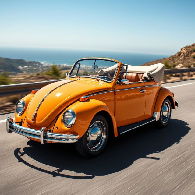 A classic Volkswagen Beetle transformed into a sleek roadster cabriolet, featuring an open-top design with smooth, flowing lines