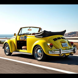 A classic Volkswagen Beetle transformed into a sleek roadster cabriolet, featuring an open-top design with smooth, flowing lines