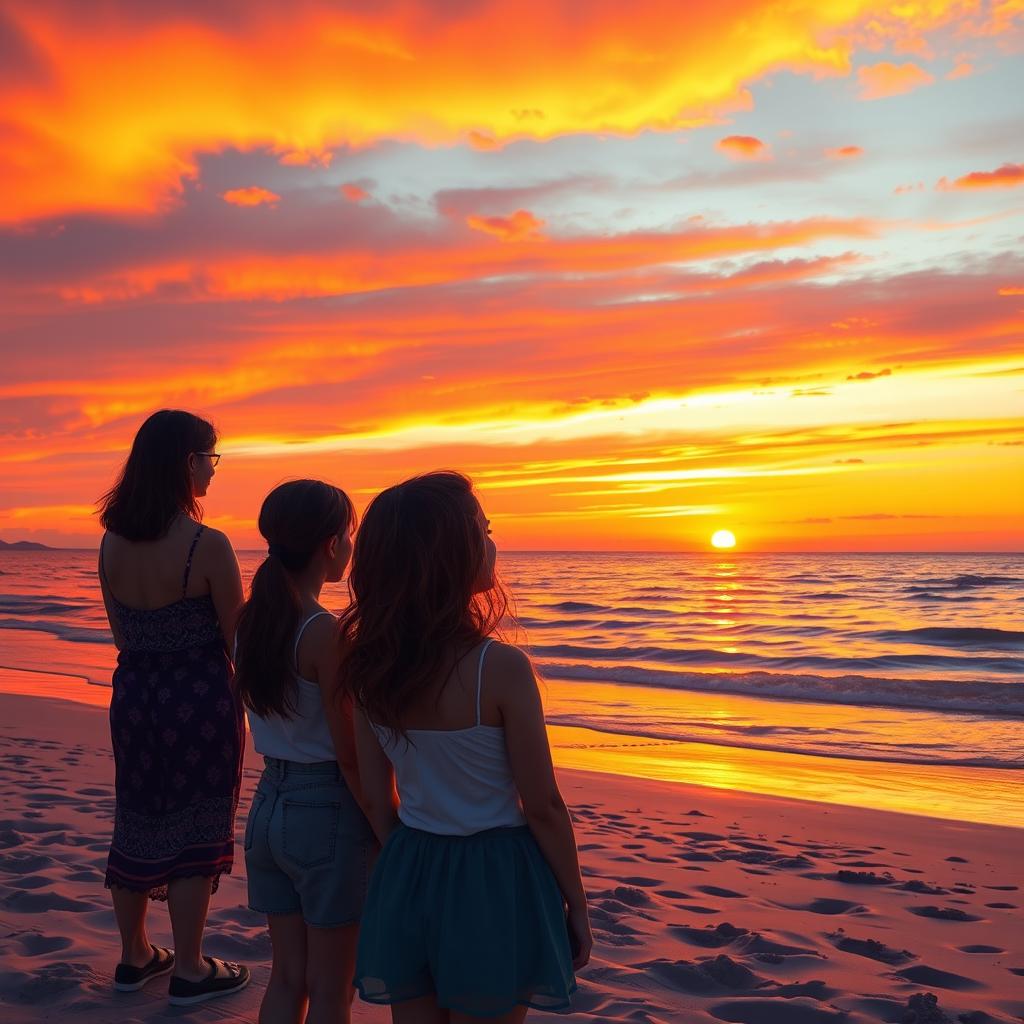 A beach scene during sunset where a 16-year-old girl is gazing at the sunset, accompanied by two adult women, one being her mother and the other her sister