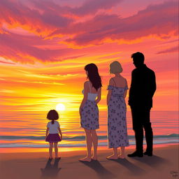 A beach scene during sunset where a 16-year-old girl is gazing at the sunset, accompanied by two adult women, one being her mother and the other her sister