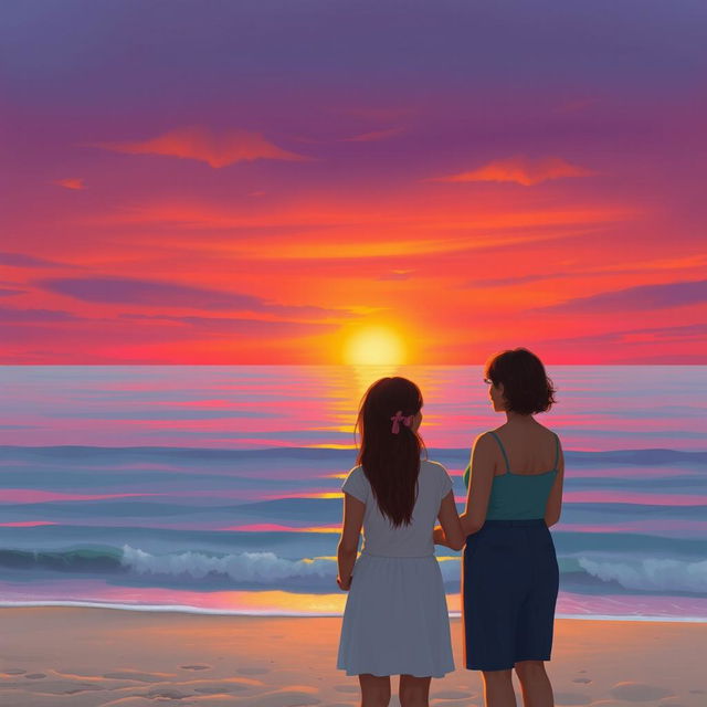 A beach scene during sunset where a 16-year-old girl is gazing at the sunset, accompanied by two adult women, one being her mother and the other her sister