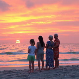 A beach scene during sunset where a 16-year-old girl is gazing at the sunset, accompanied by two adult women, one being her mother and the other her sister