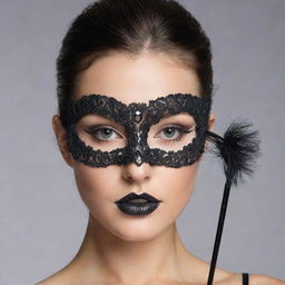 A creative mask, intricately designed to resemble a mascara wand and tube. The wand extends out, creating a dramatic effect