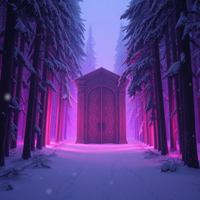 A serene snowy forest with towering trees blanketed in snow, illuminated by a soft violet light in the background, creating an enchanting ambiance