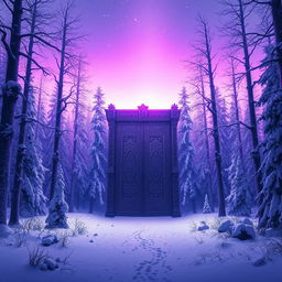 A serene snowy forest with towering trees blanketed in snow, illuminated by a soft violet light in the background, creating an enchanting ambiance