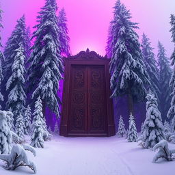 A serene snowy forest with towering trees blanketed in snow, illuminated by a soft violet light in the background, creating an enchanting ambiance