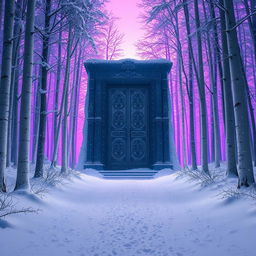 A serene snowy forest with towering trees blanketed in snow, illuminated by a soft violet light in the background, creating an enchanting ambiance