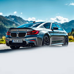 A brand new 2024 BMW M5 with a sleek design, captured in a stunning Swiss landscape