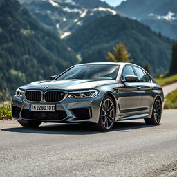 A brand new 2024 BMW M5 with a sleek design, captured in a stunning Swiss landscape