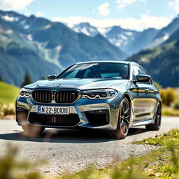 A brand new 2024 BMW M5 with a sleek design, captured in a stunning Swiss landscape