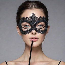 A creative mask, intricately designed to resemble a mascara wand and tube. The wand extends out, creating a dramatic effect