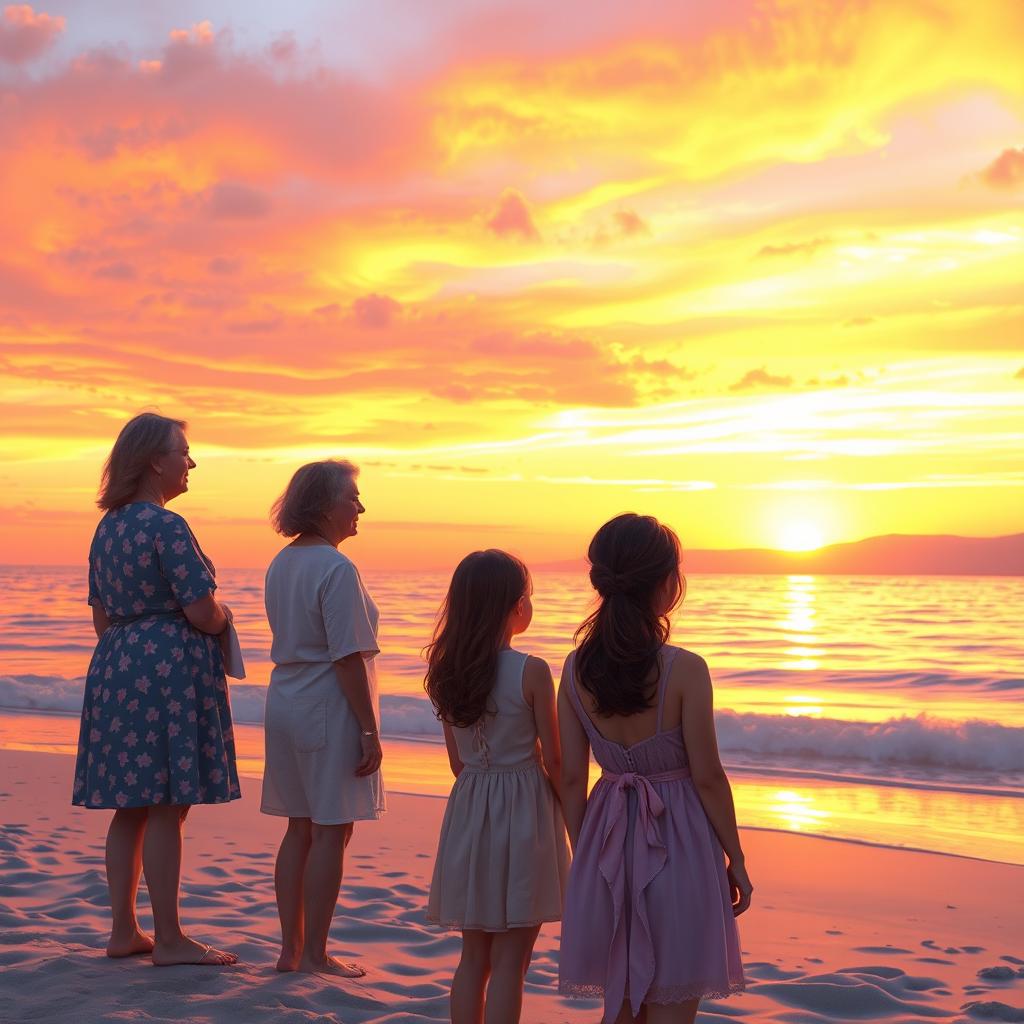 A beach scene during sunset where a 16-year-old girl is gazing at the sunset, accompanied by two adult women, one being her mother and the other her sister