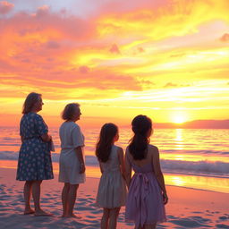 A beach scene during sunset where a 16-year-old girl is gazing at the sunset, accompanied by two adult women, one being her mother and the other her sister