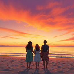 A beach scene during sunset where a 16-year-old girl is gazing at the sunset, accompanied by two adult women, one being her mother and the other her sister