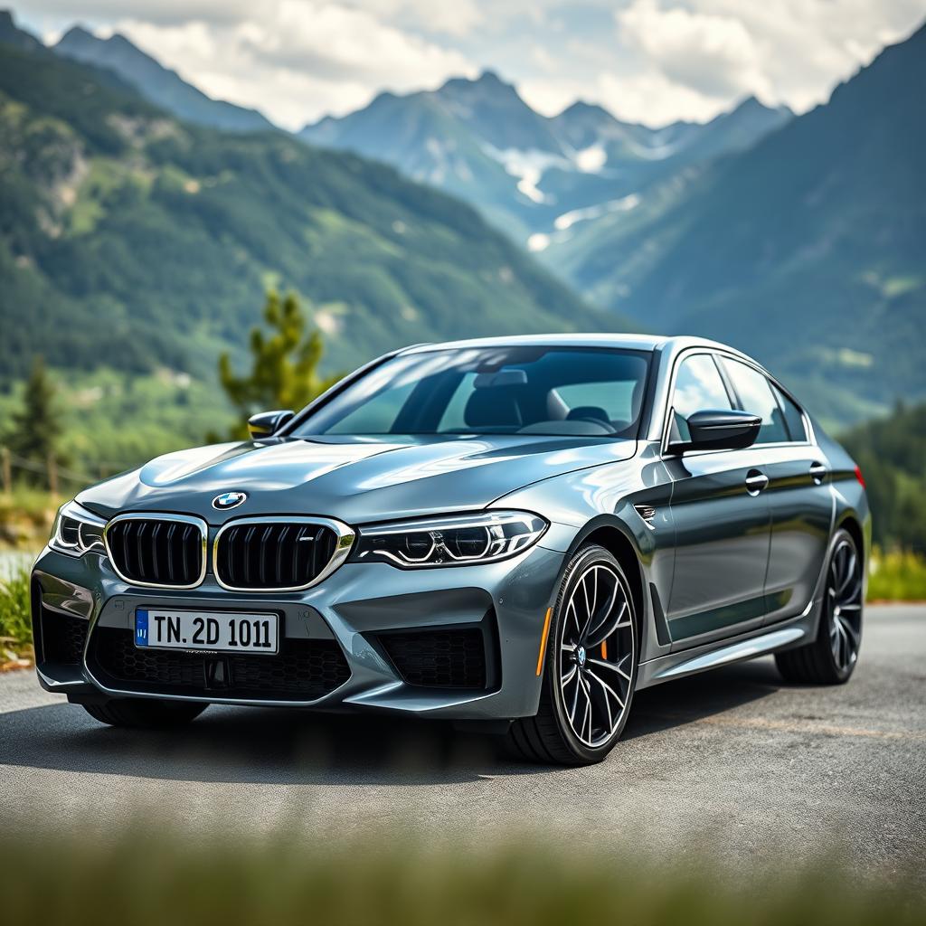 A brand new 2024 BMW M5 with a sleek design, captured in a stunning Swiss landscape