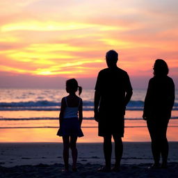 A beach scene during sunset where a 16-year-old girl is gazing at the sunset, accompanied by two adult women, one being her mother and the other her sister