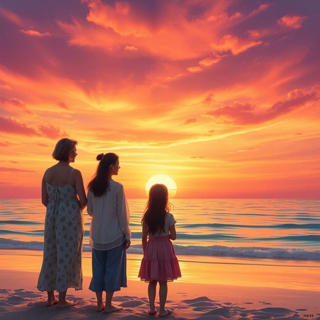 A beach scene during sunset where a 16-year-old girl is gazing at the sunset, accompanied by two adult women, one being her mother and the other her sister