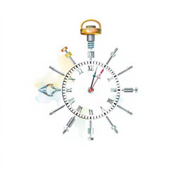 A minimalist watercolor illustration of a clock crafted from industrial supplies such as bolts, nuts, and gears, elegantly symbolizing New Year's Eve