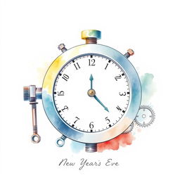 A minimalist watercolor illustration of a clock crafted from industrial supplies such as bolts, nuts, and gears, elegantly symbolizing New Year's Eve