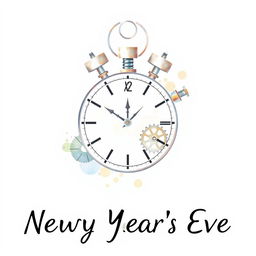 A minimalist watercolor illustration of a clock crafted from industrial supplies such as bolts, nuts, and gears, elegantly symbolizing New Year's Eve