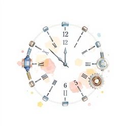 A minimalist watercolor illustration of a clock crafted from industrial supplies such as bolts, nuts, and gears, elegantly symbolizing New Year's Eve