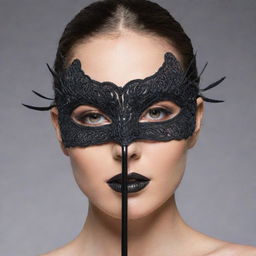 A creative mask, intricately designed to resemble a mascara wand and tube. The wand extends out, creating a dramatic effect