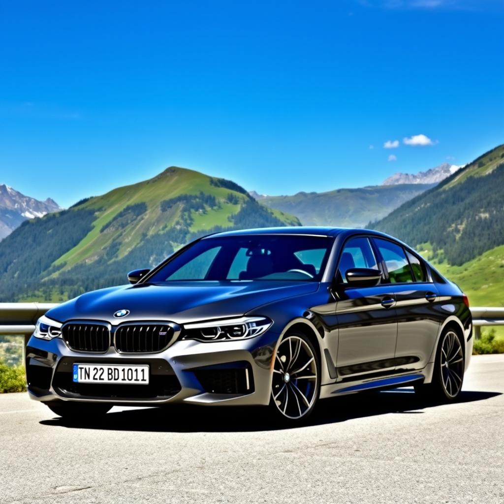 A sleek and powerful BMW M5 2024 with the number plate "TN 22 BD 1011" parked against the stunning backdrop of Switzerland's picturesque landscape