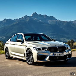 A sleek and powerful BMW M5 2024 with the number plate "TN 22 BD 1011" parked against the stunning backdrop of Switzerland's picturesque landscape