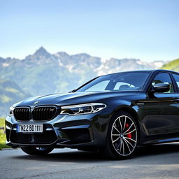 A sleek and powerful BMW M5 2024 with the number plate "TN 22 BD 1011" parked against the stunning backdrop of Switzerland's picturesque landscape