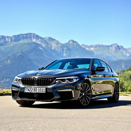 A sleek and powerful BMW M5 2024 with the number plate "TN 22 BD 1011" parked against the stunning backdrop of Switzerland's picturesque landscape