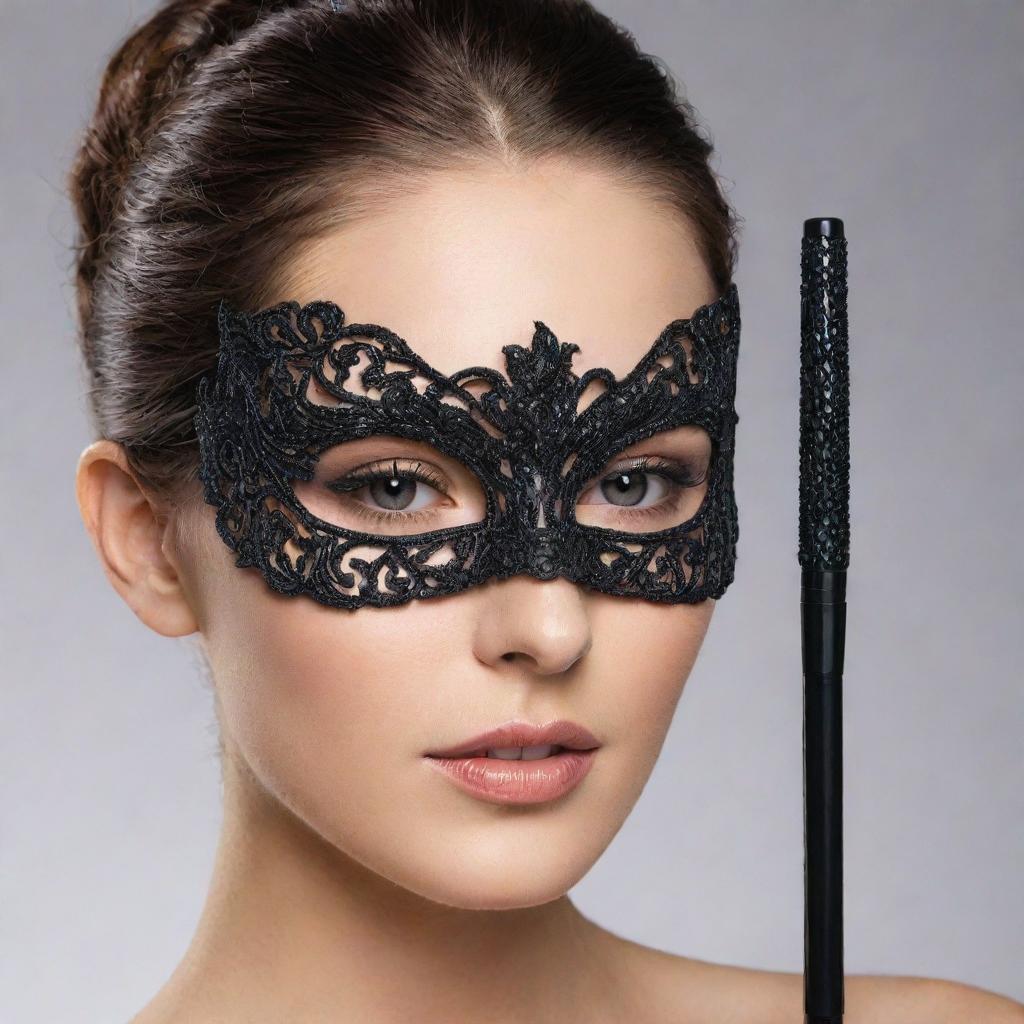 A creative mask, intricately designed to resemble a mascara wand and tube. The wand extends out, creating a dramatic effect