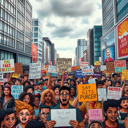 A dynamic and vibrant scene depicting animated political protesters in a rally