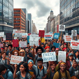 A dynamic and vibrant scene depicting animated political protesters in a rally