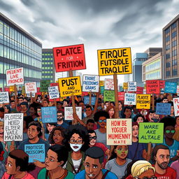 A dynamic and vibrant scene depicting animated political protesters in a rally