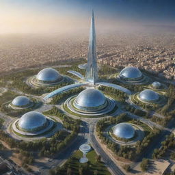 A futuristic representation of Iran in 30 years, showcasing technological advancements, flourishing landscapes and modern architecture