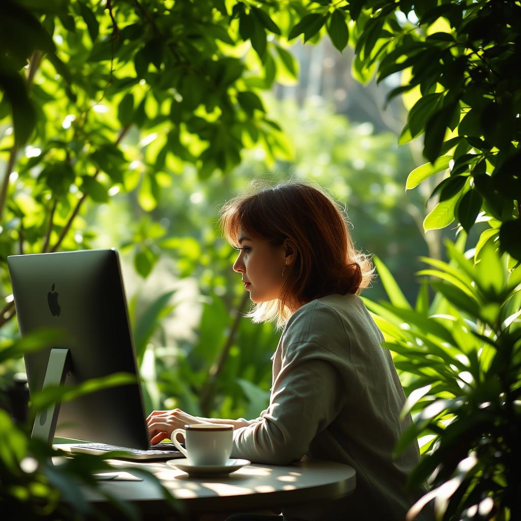 A woman seen in side profile working on a computer, sitting at a garden table surrounded by lush green plants