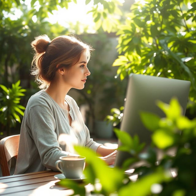 A woman seen in side profile working on a computer, sitting at a garden table surrounded by lush green plants