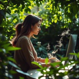 A woman seen in side profile working on a computer, sitting at a garden table surrounded by lush green plants