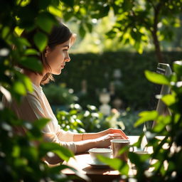 A woman seen in side profile working on a computer, sitting at a garden table surrounded by lush green plants