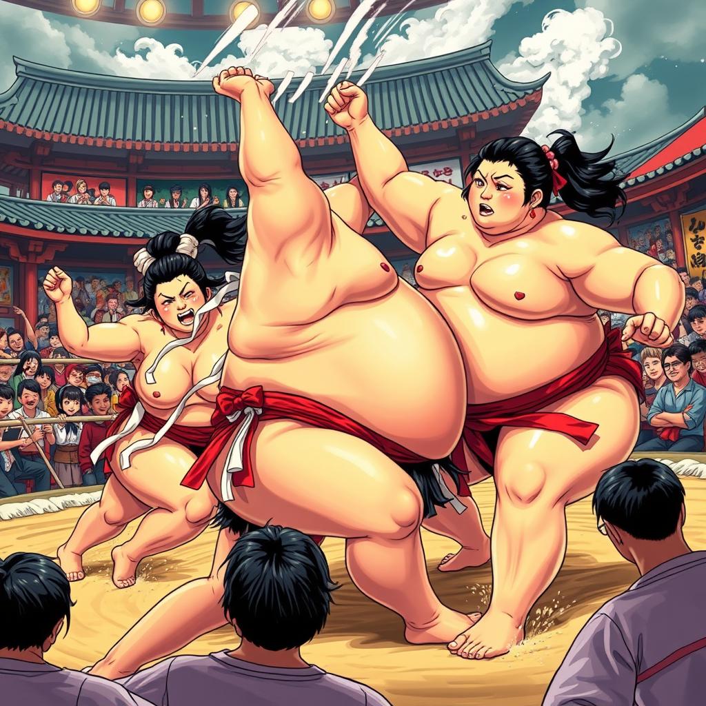 A vibrant and colorful depiction of sumo girls in action, showcasing their strength and agility