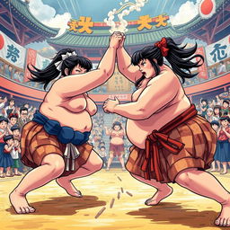 A vibrant and colorful depiction of sumo girls in action, showcasing their strength and agility