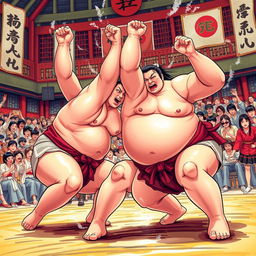 A vibrant and colorful depiction of sumo girls in action, showcasing their strength and agility